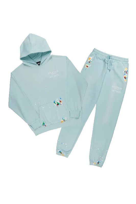 Rockstar Art Dist. Baby Blue Graphic Hoodie Track Set Polished Men's Satin