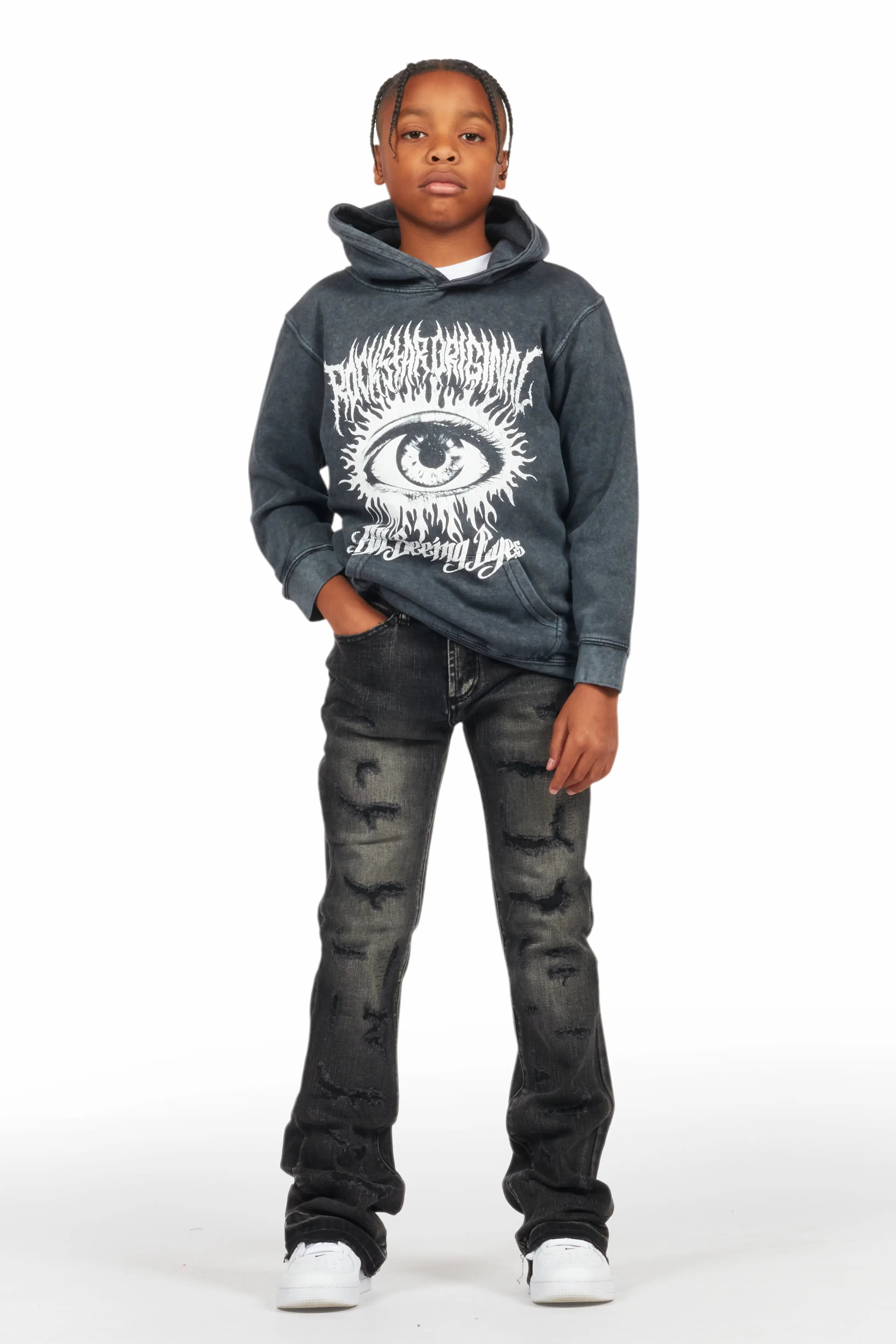 Boys All Eyes Vintage Black Hoodie/Stacked Flare Jean Set Sporty Men's Tennis