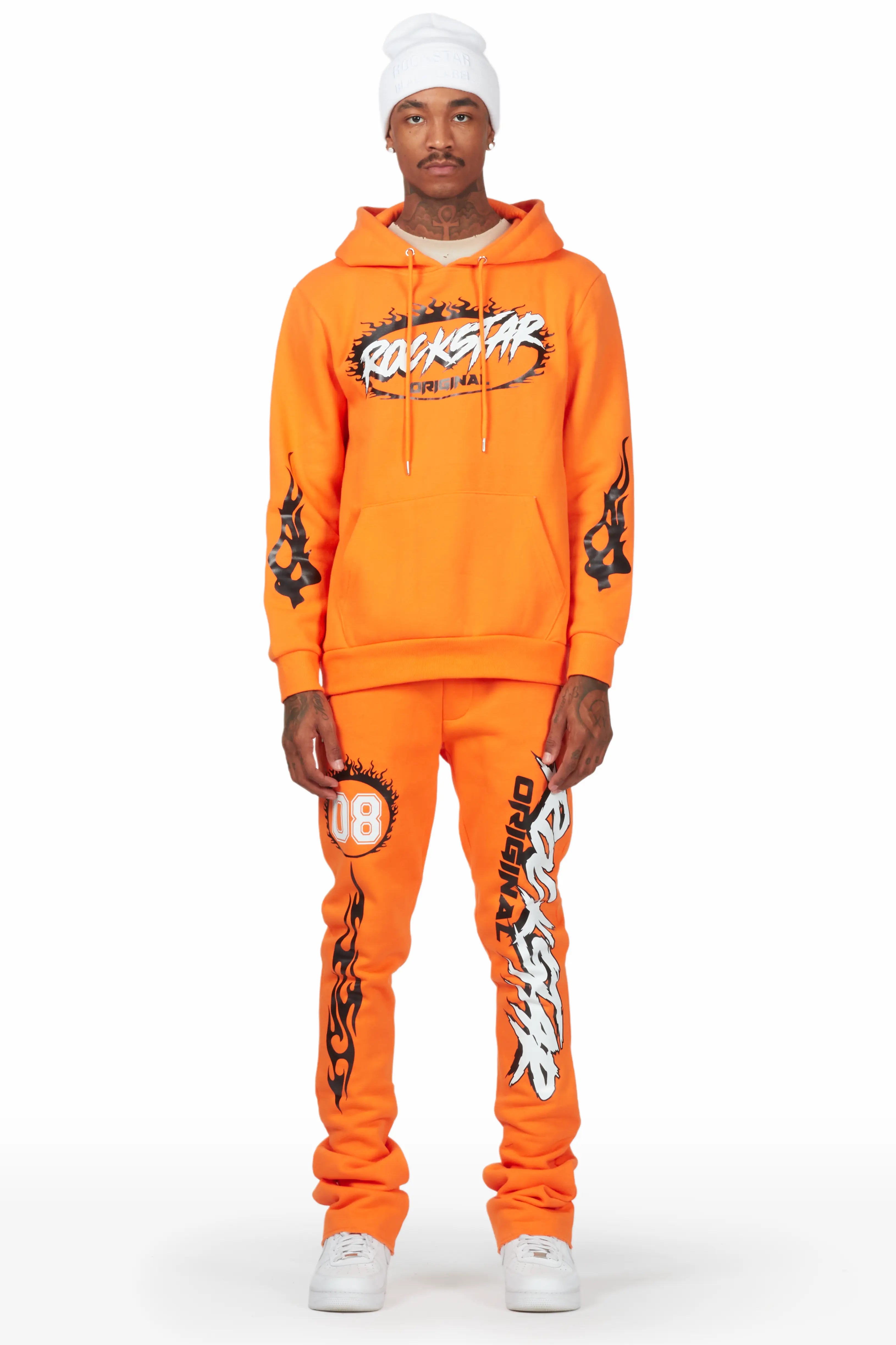 Draven Orange Hoodie/Stacked Flare Track Pant Set Practical Men's Quick