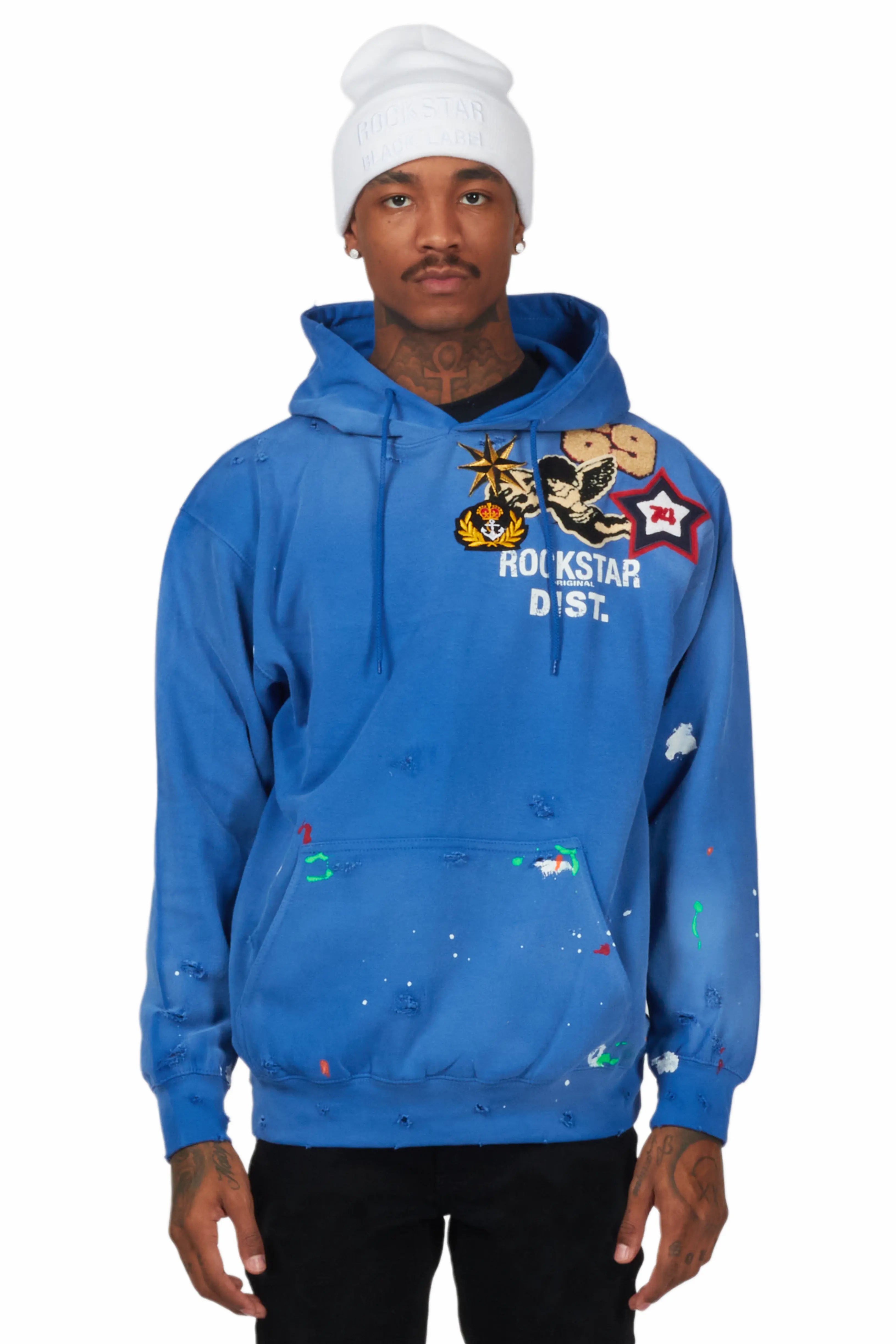 Samuel Royal Blue Patchwork Graphic Hoodie Masculine Men's Thick