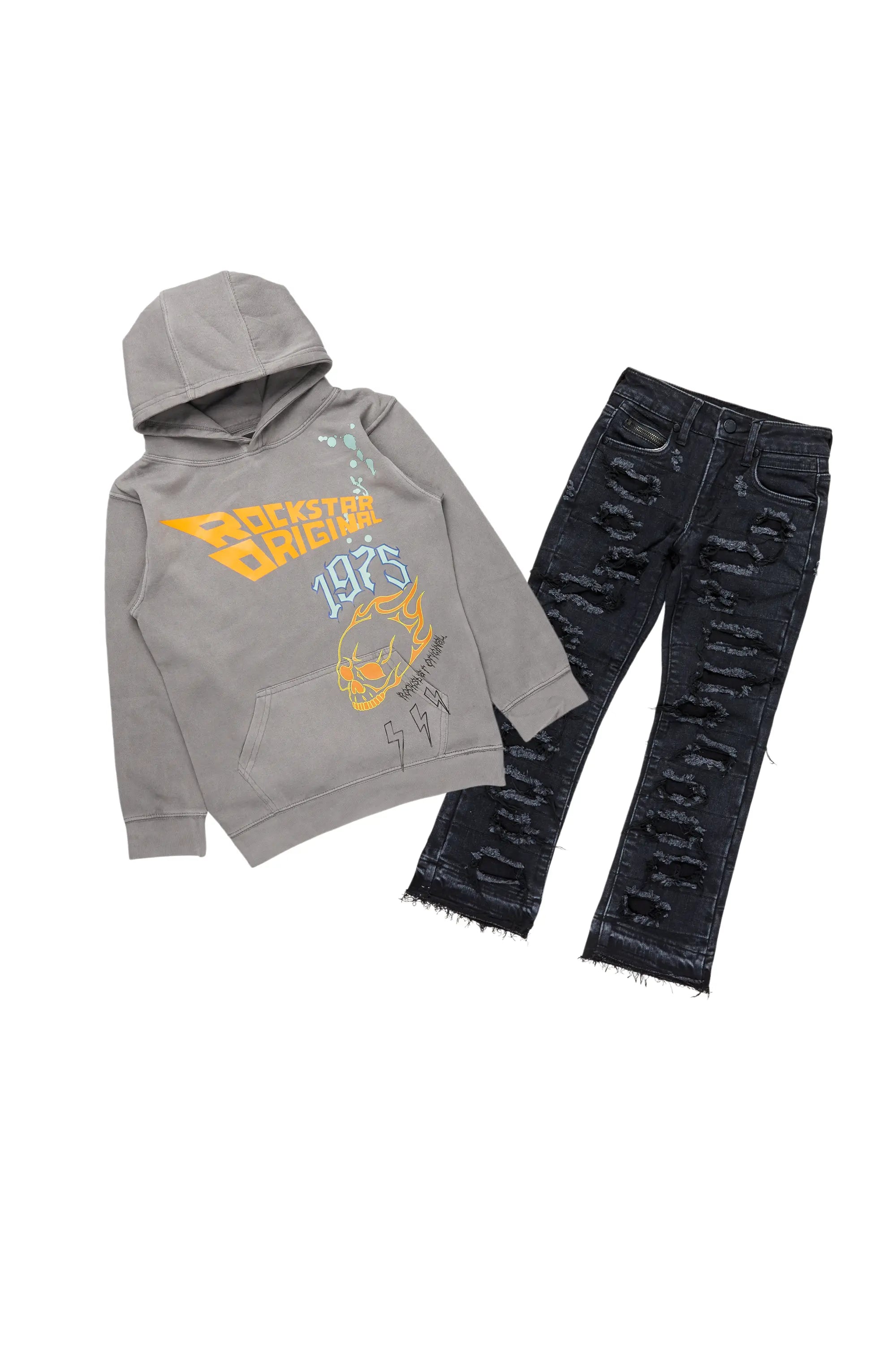 Boys Daley Vintage Grey Hoodie/Stacked Flare Jean Set Dapper Men's Bow