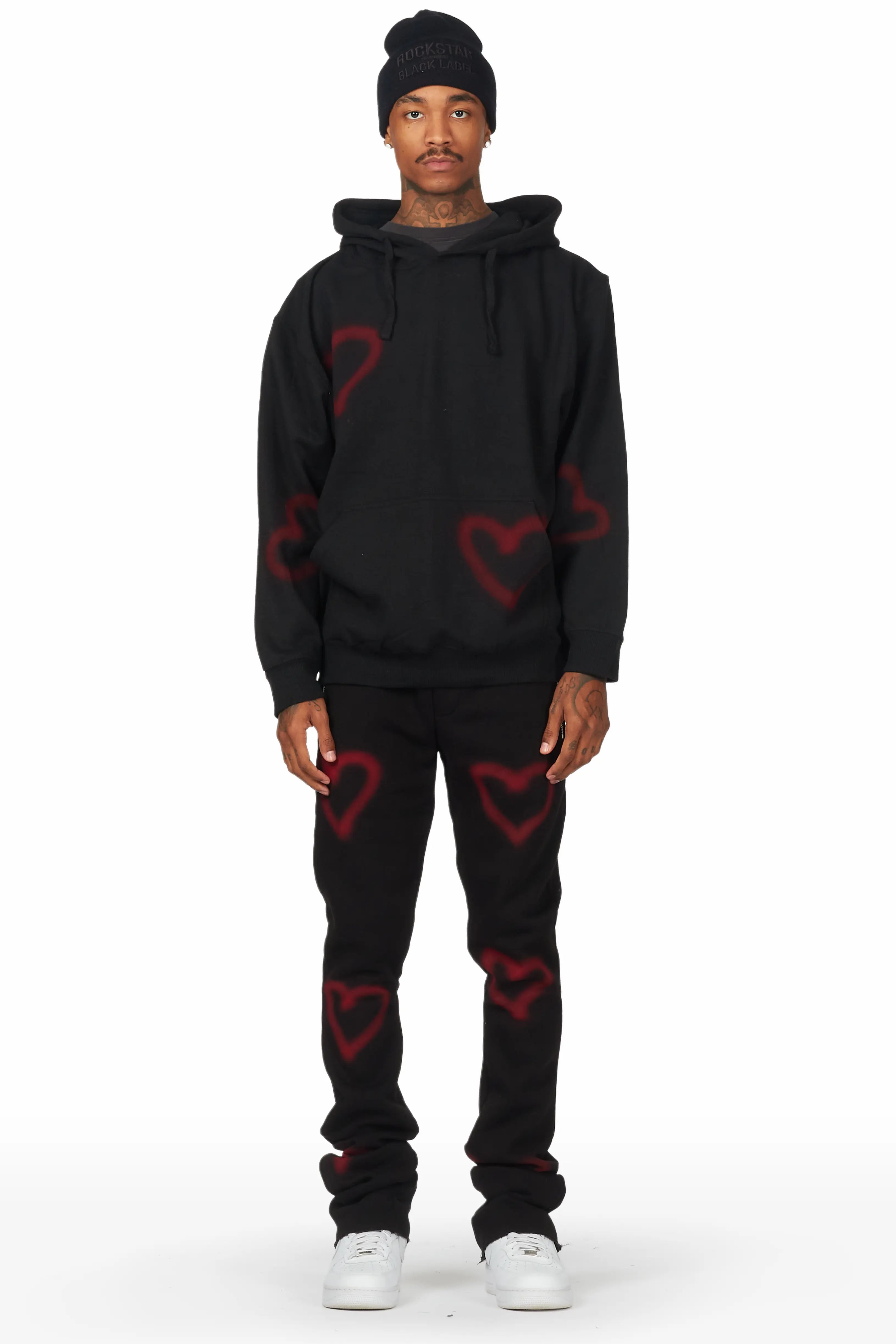 Apollo Black Hoodie Stacked Flare Track Set Casual Men's Loose