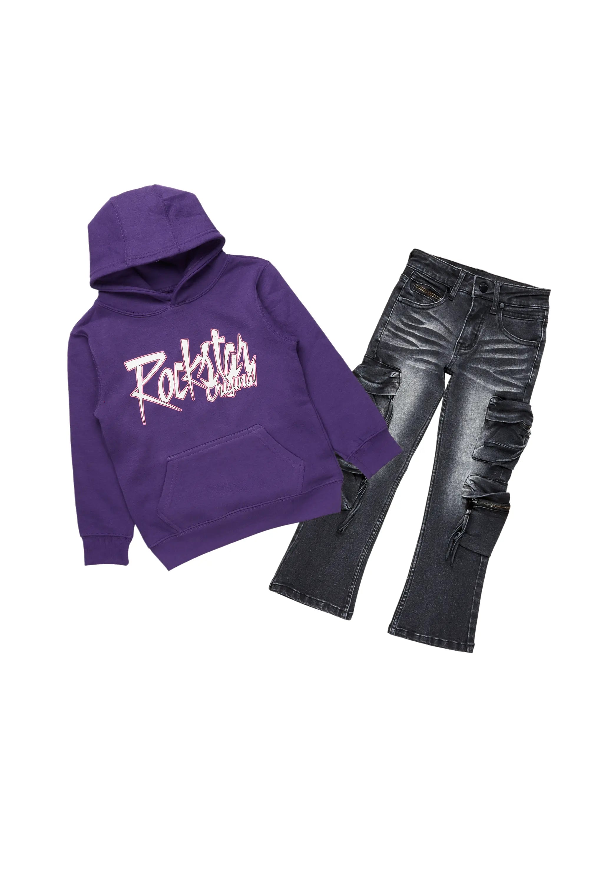 Boys Magan Purple Hoodie/Stacked Flare Jean Set Relaxed Men's Beach