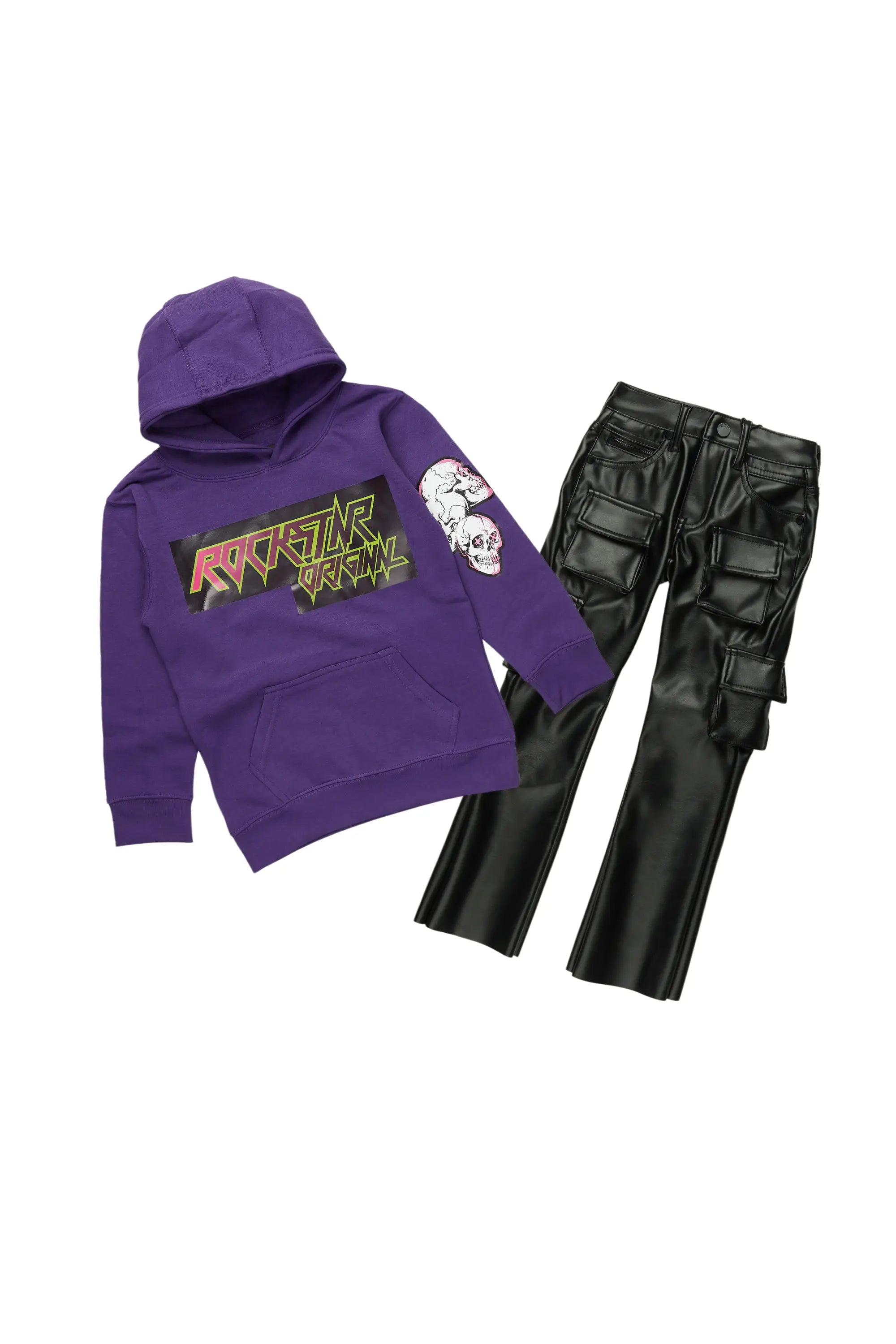 Boys Magni Purple Hoodie/Stacked Flare PU Jean Set Modern Men's Geometric