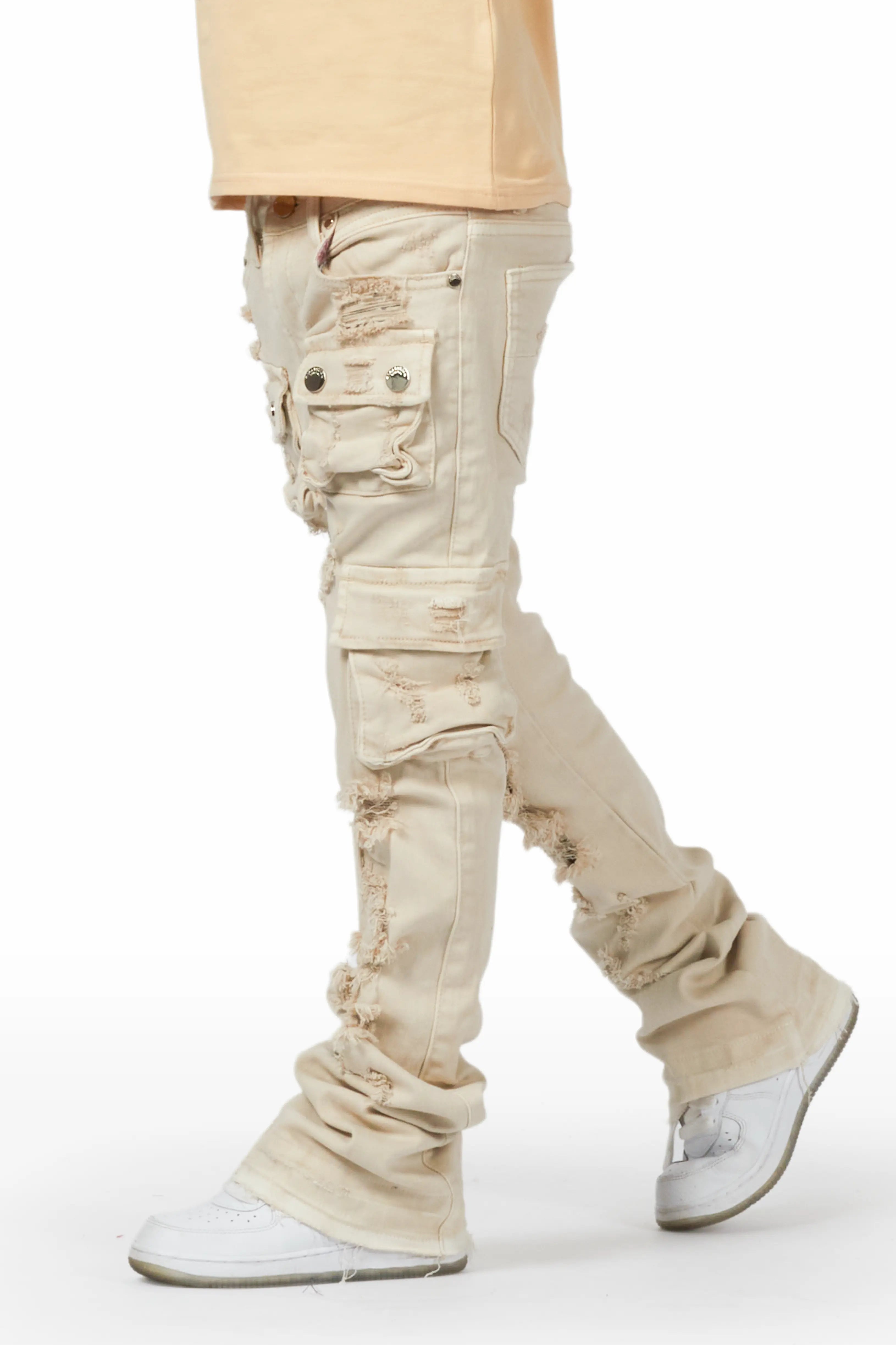 Boys Zaire Beige Cargo Super Stacked Flare Jean Unique Men's Upcycled