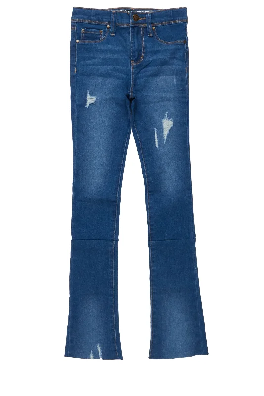 Girls Harper Medium Blue Super Stacked Flare Jean Street