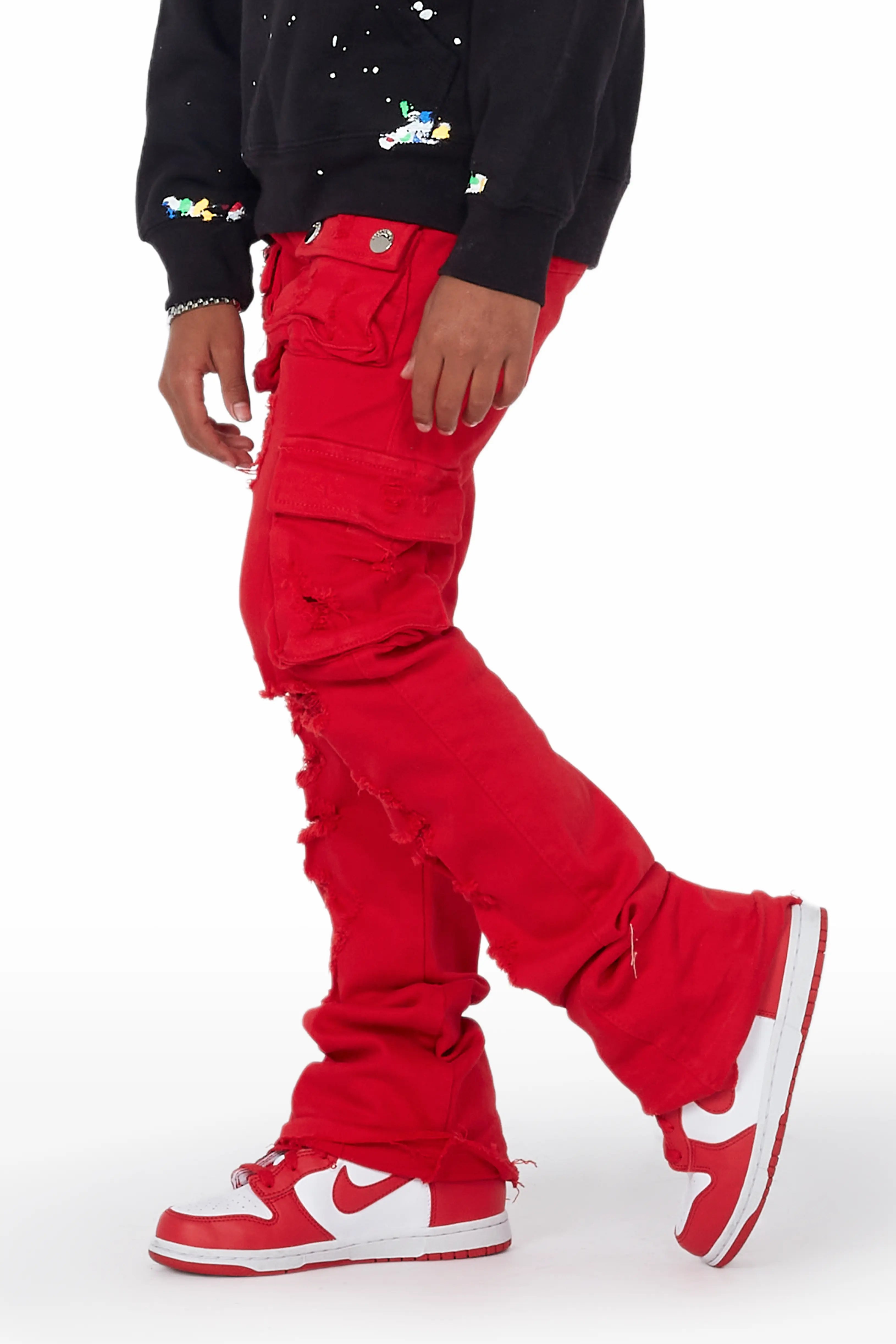 Boys Zaire Red Cargo Super Stacked Flare Jean Trendy Men's Oversized