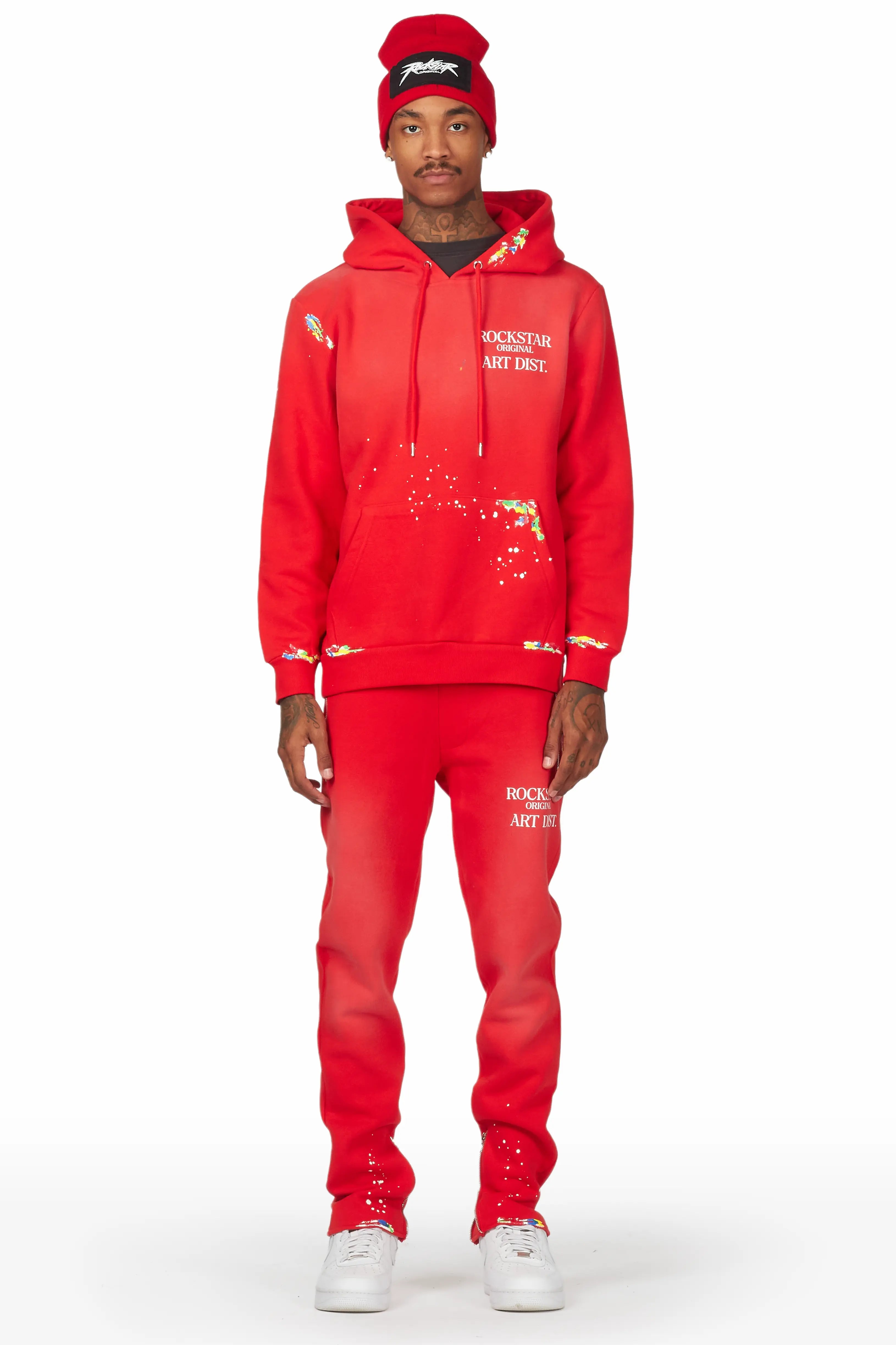 Rockstar Art Dist. Red Hoodie Slim Fit Pant Set Athletic Men's High