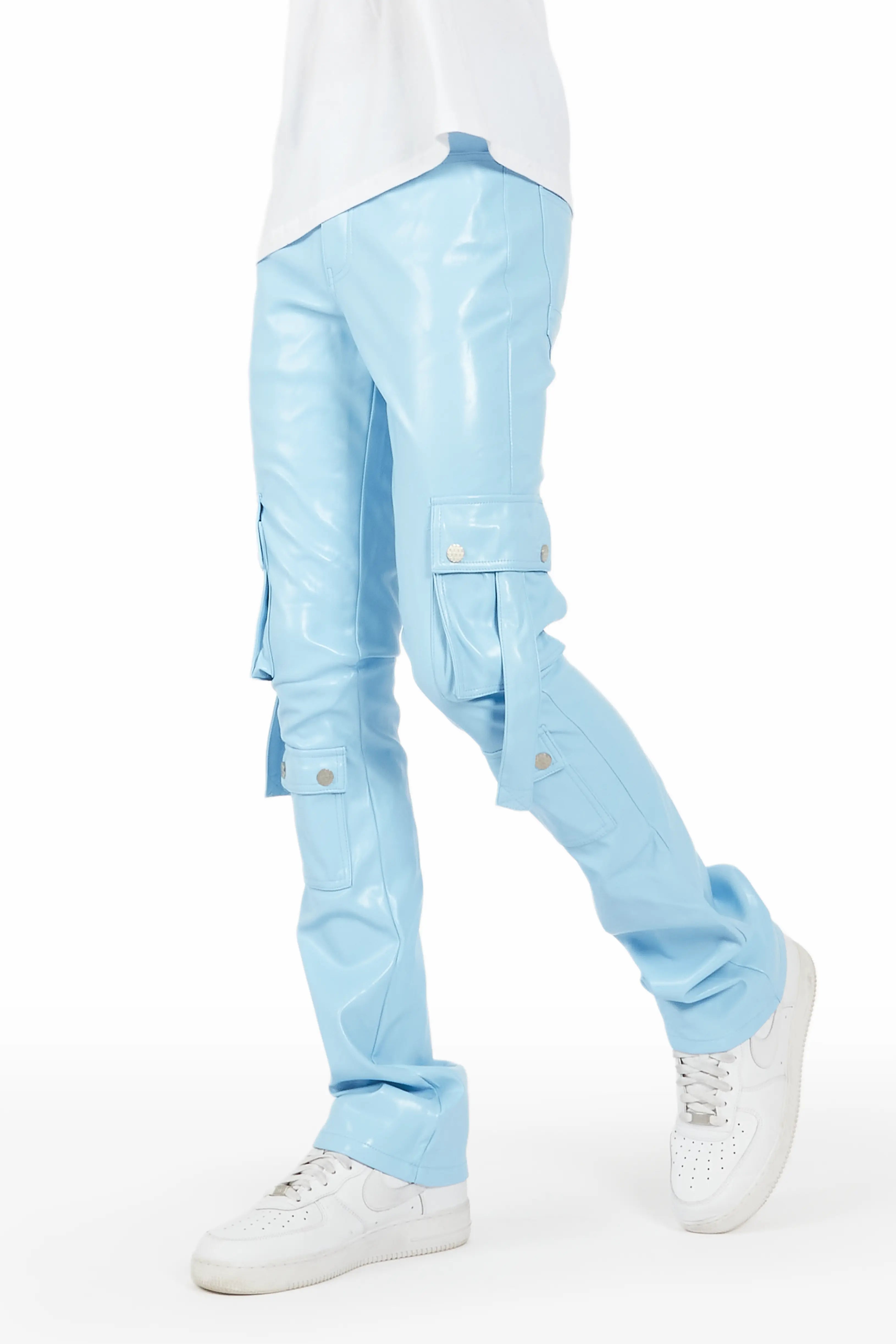 Errol Baby Blue Faux Leather Stacked Cargo Jean Elegant Men's Cashmere