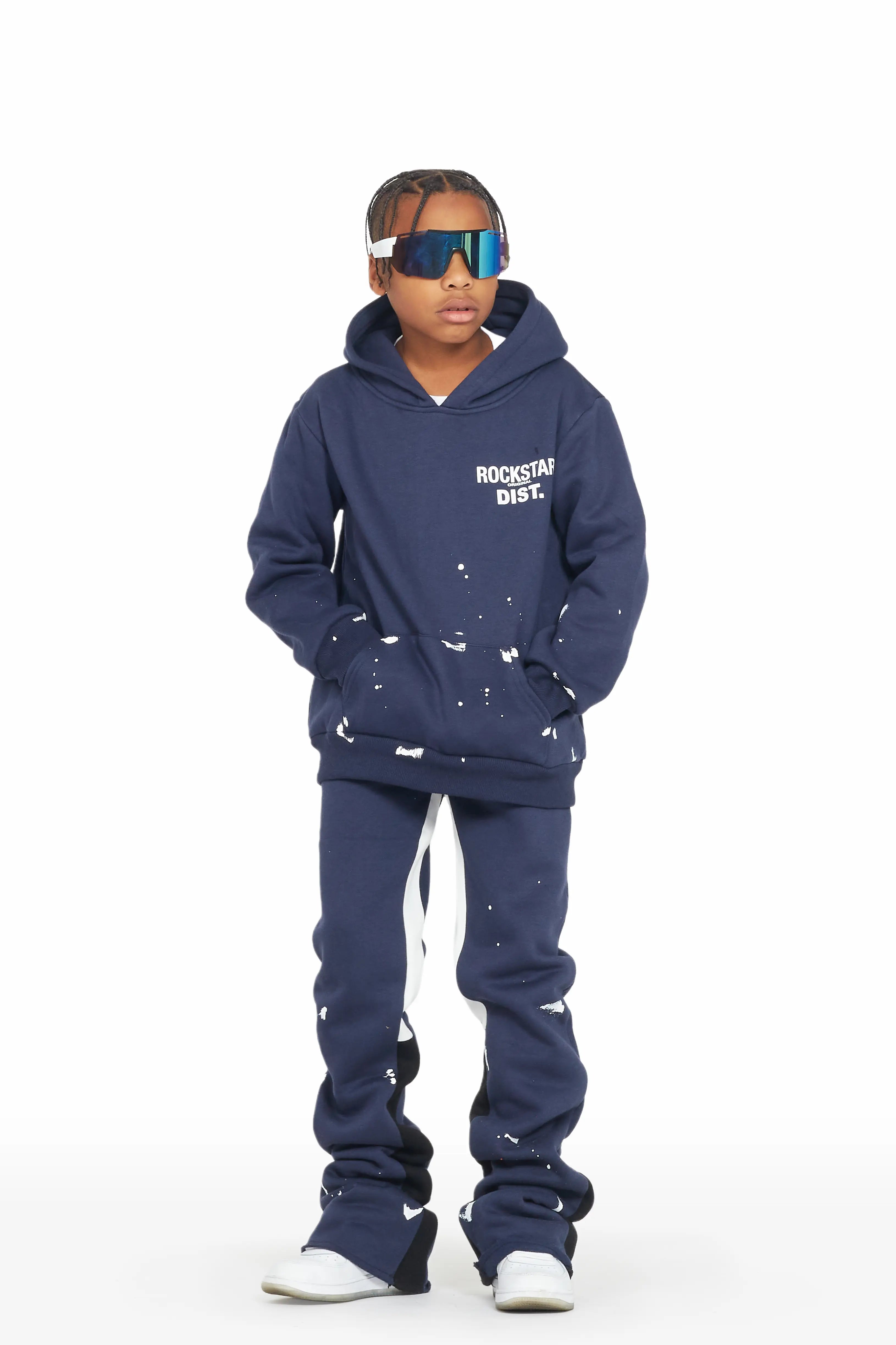 Boys Raffer Navy Hoodie Super Stacked Flare Pant Set Casual Men's Short