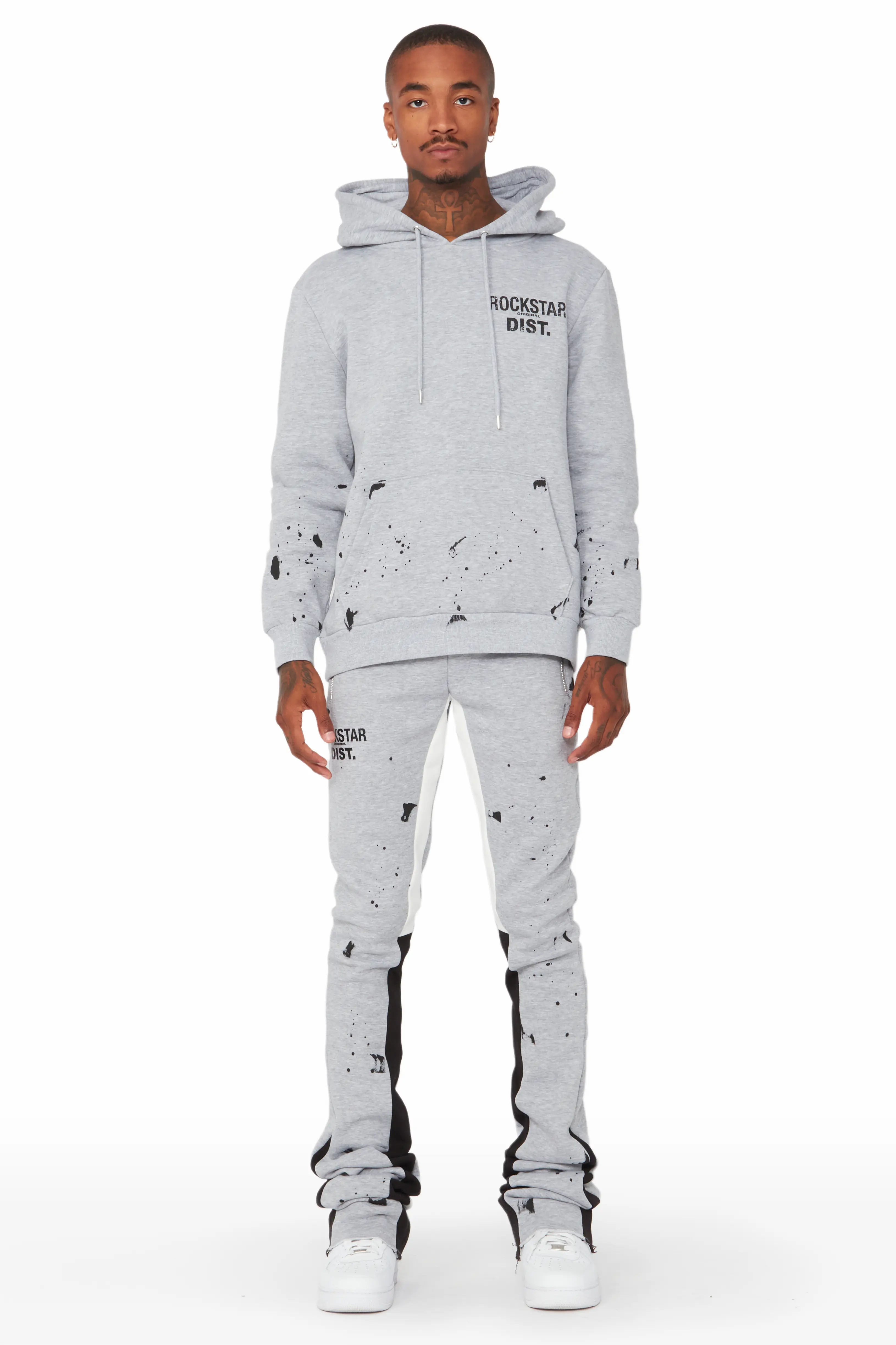 Raffer Grey/White Hoodie/Stacked Flare Pant Set Earthy Men's Sustainable 