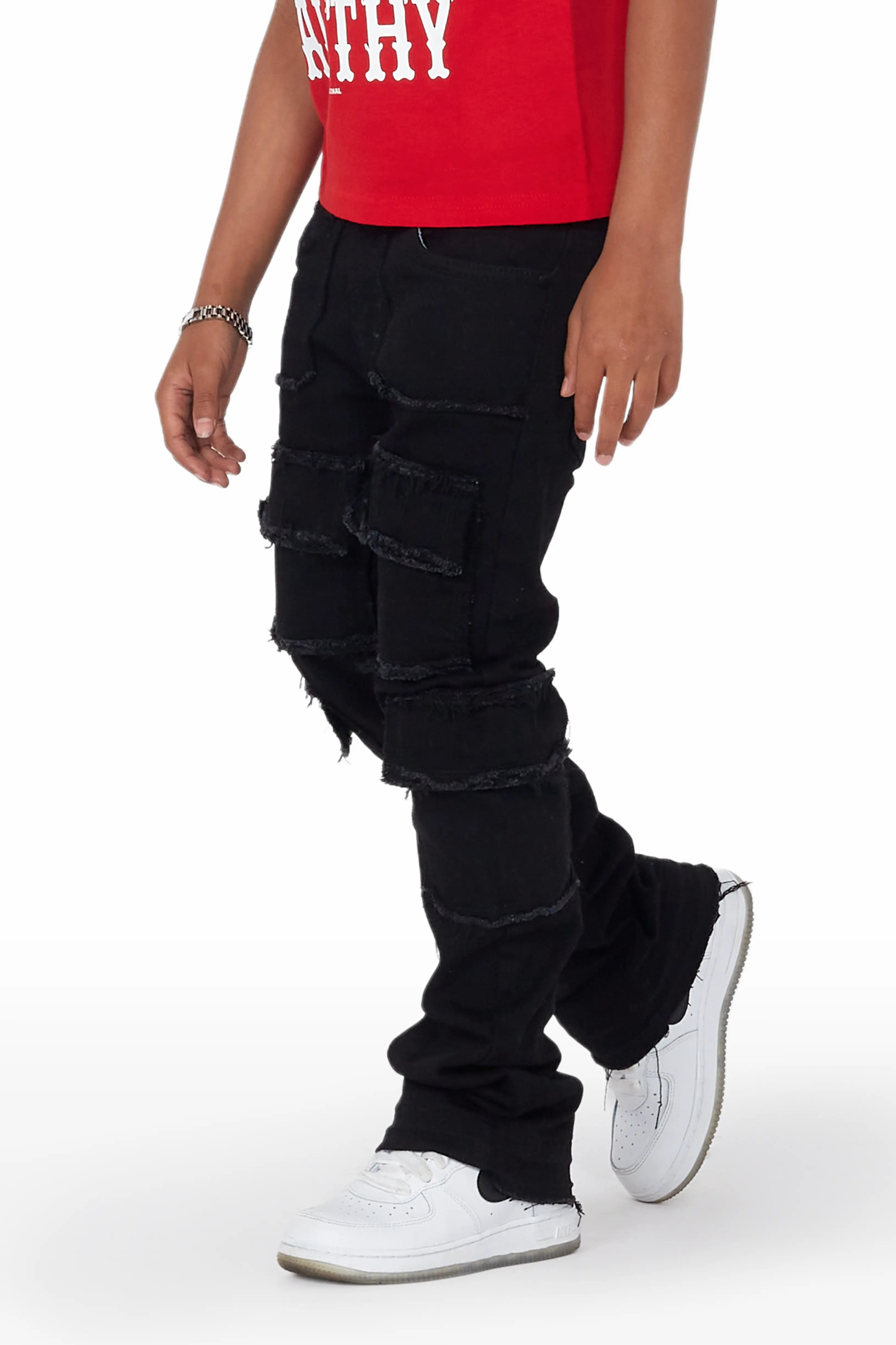 Boys Tyrell Black Stacked Flare Cargo Jean Polished Men's Satin