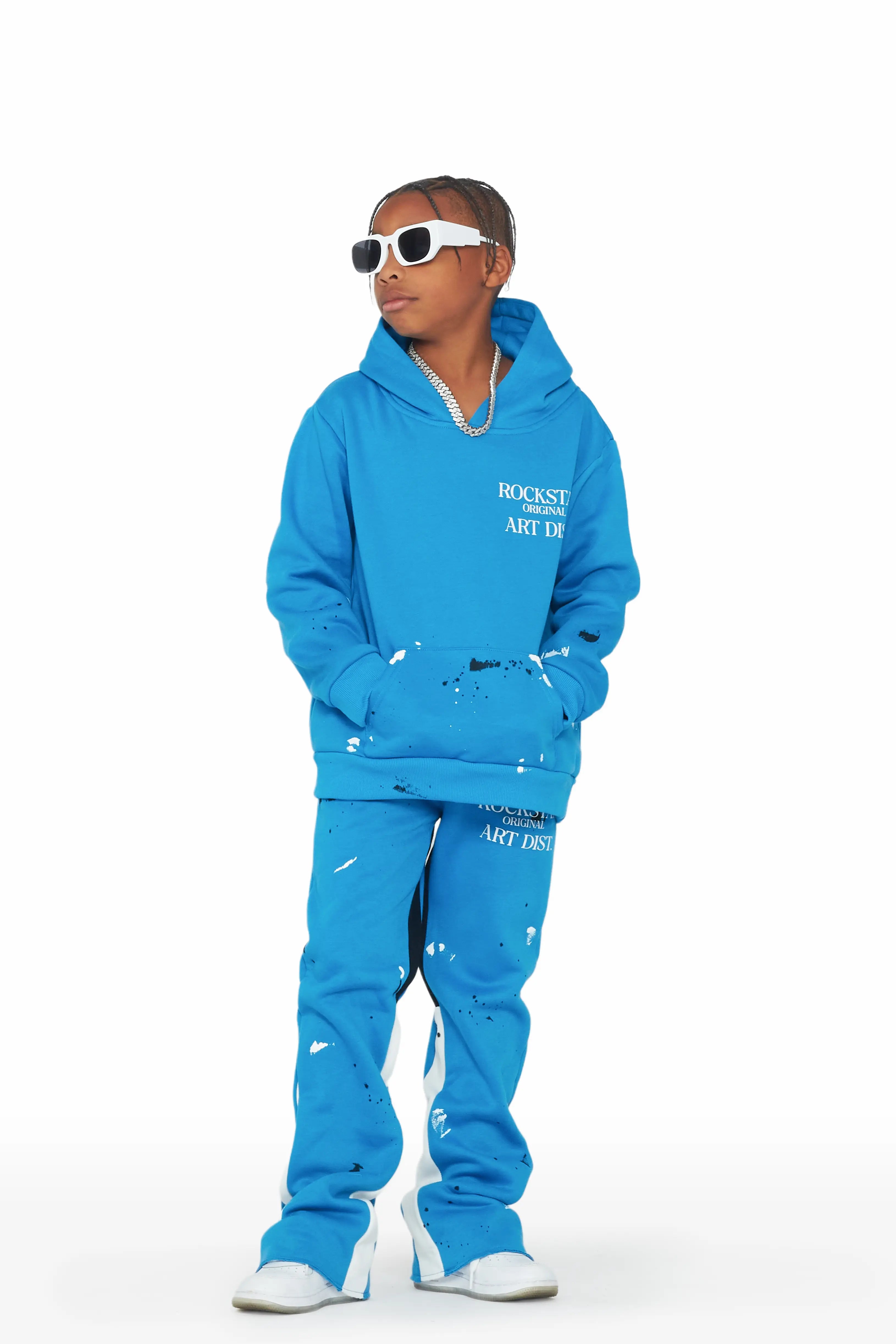 Boys Jaco Blue Hoodie Stacked Flare Track Set Trendy Men's Bucket