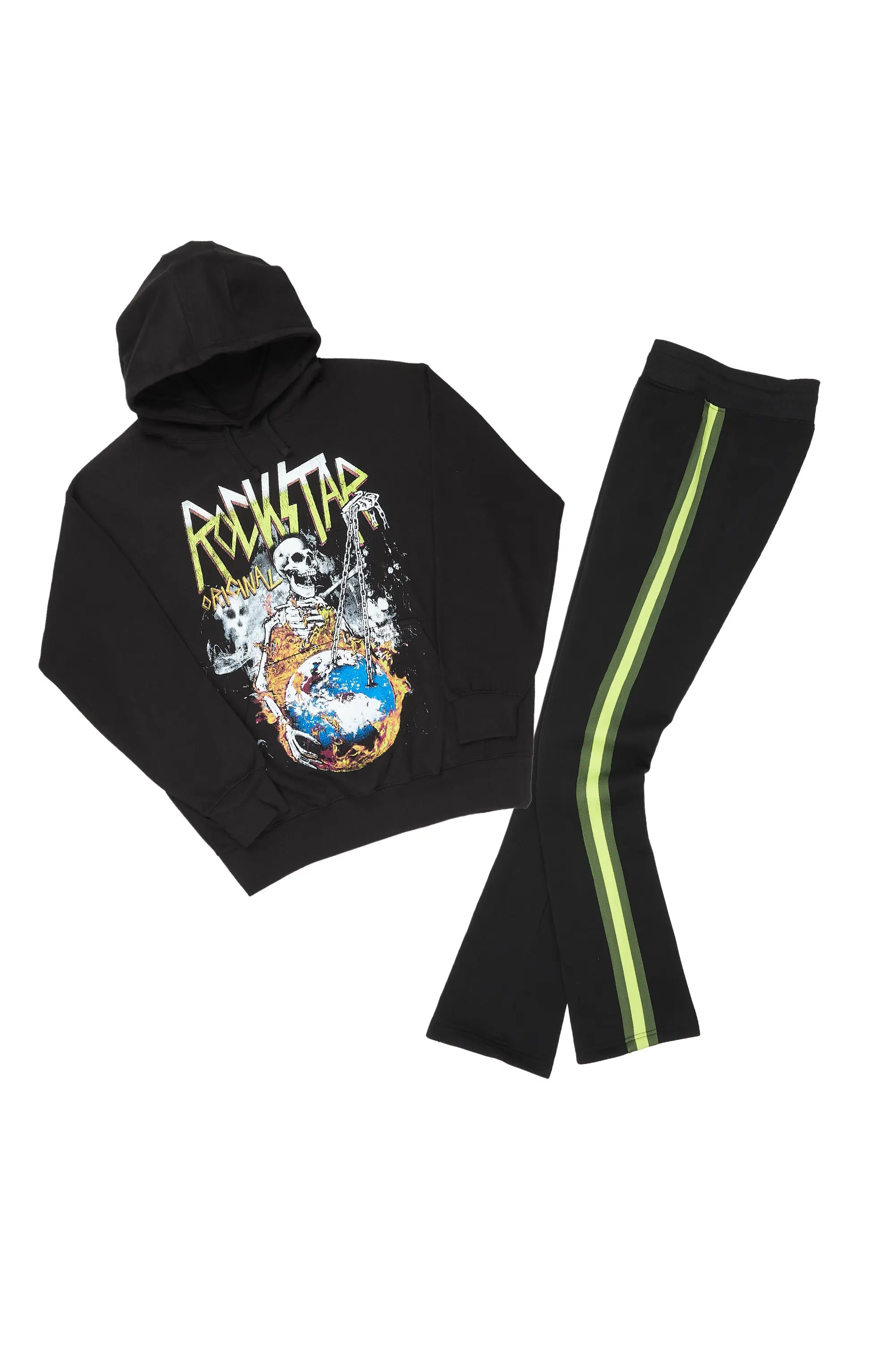 Ramone Black/Green Graphic Hoodie Track Pant Set Artistic Men's Hand