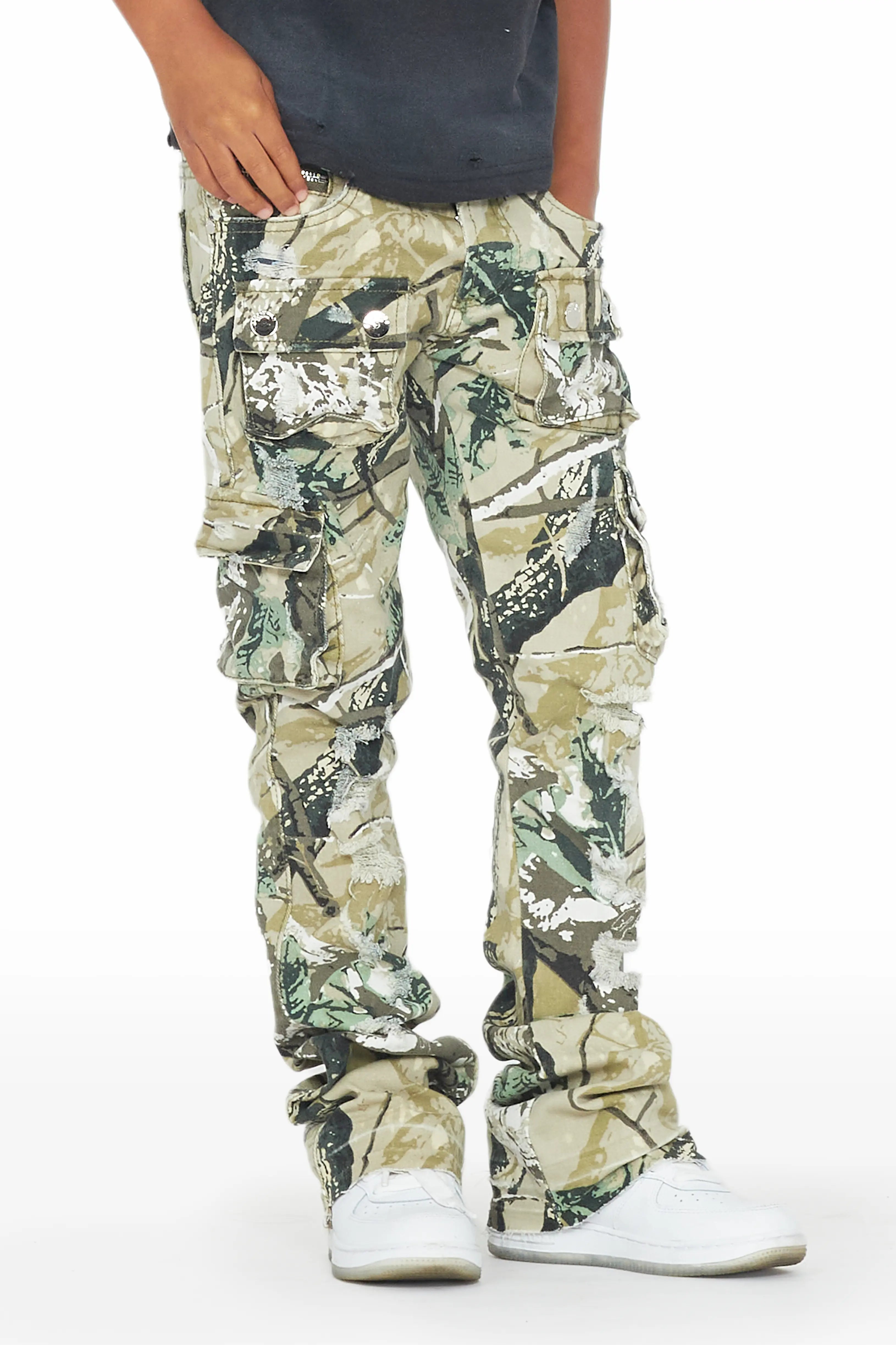 Boys Zaire Tree Camo Cargo Super Stacked Flare Jean Refined Men's Hand