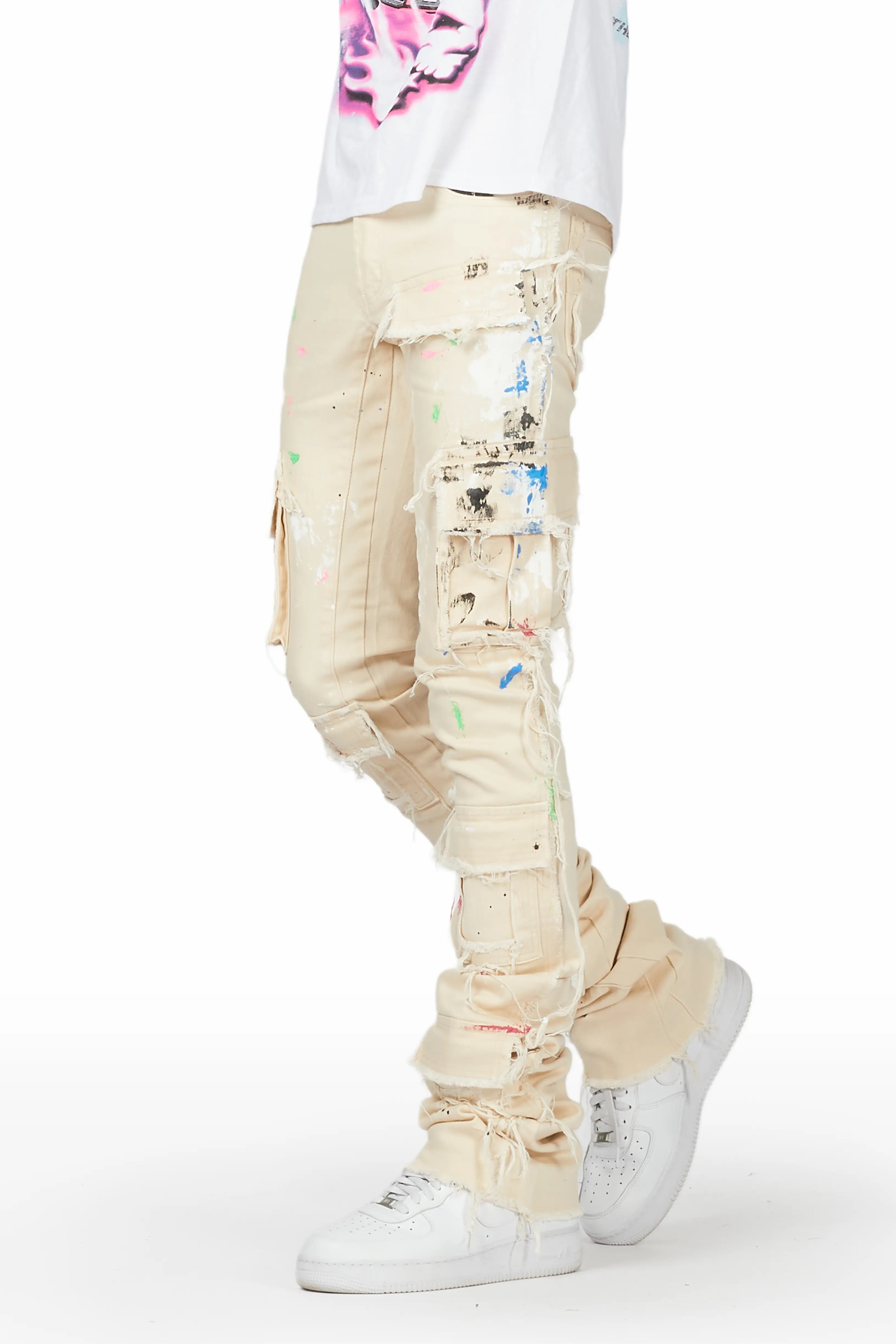 Micael Beige Painter Super Stacked Flare Jean Organic