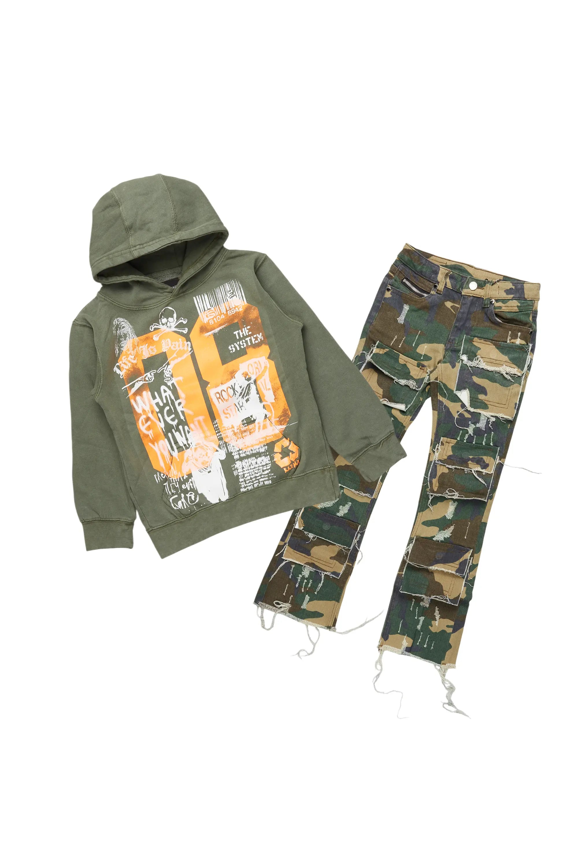 Boys Beau Camo/Vintage Green Hoodie/Stacked Flare Jean Set Sophisticated Men's French