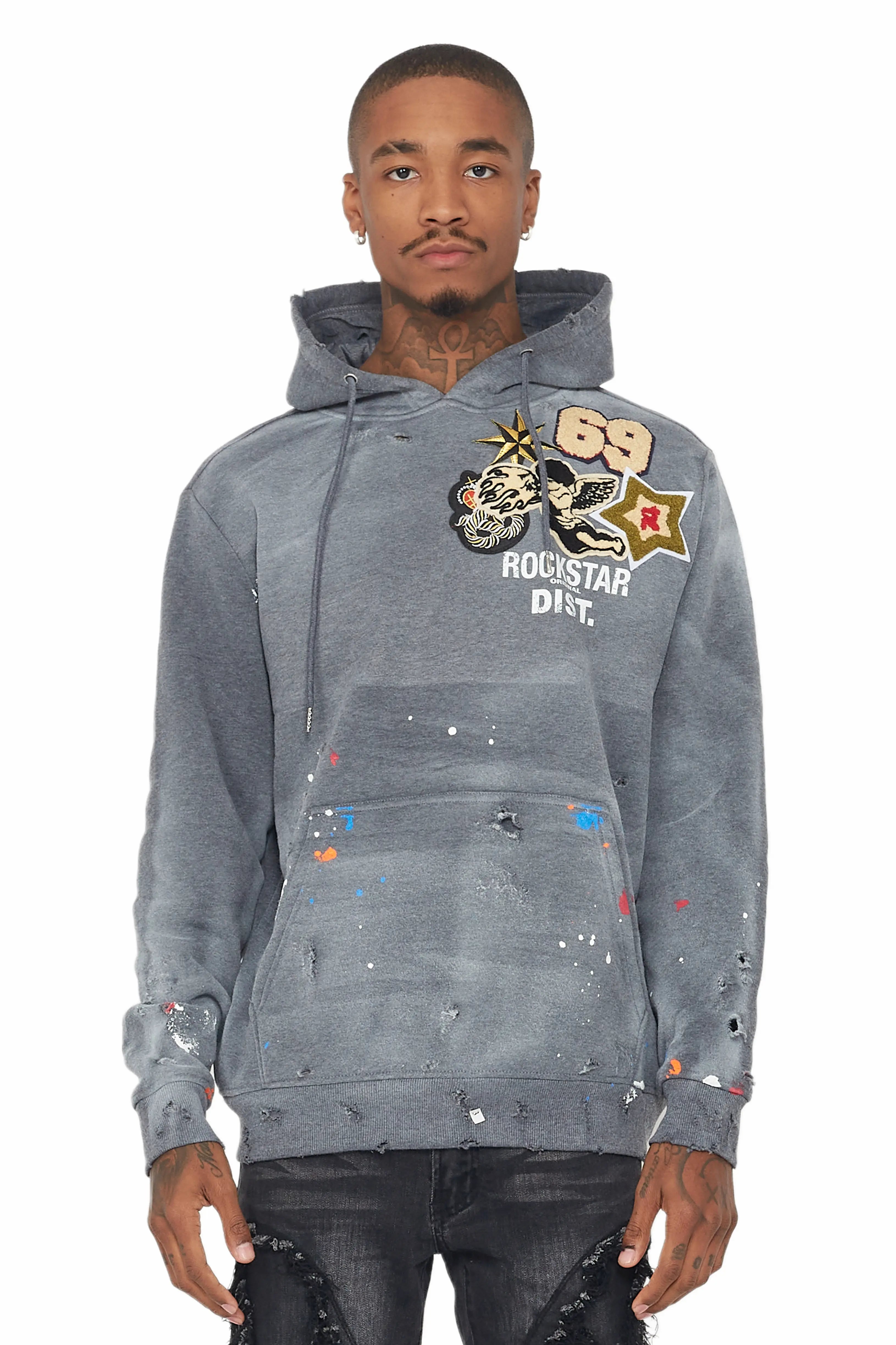 Samuel Charcoal Patchwork Graphic Hoodie Sleek Men's Metallic