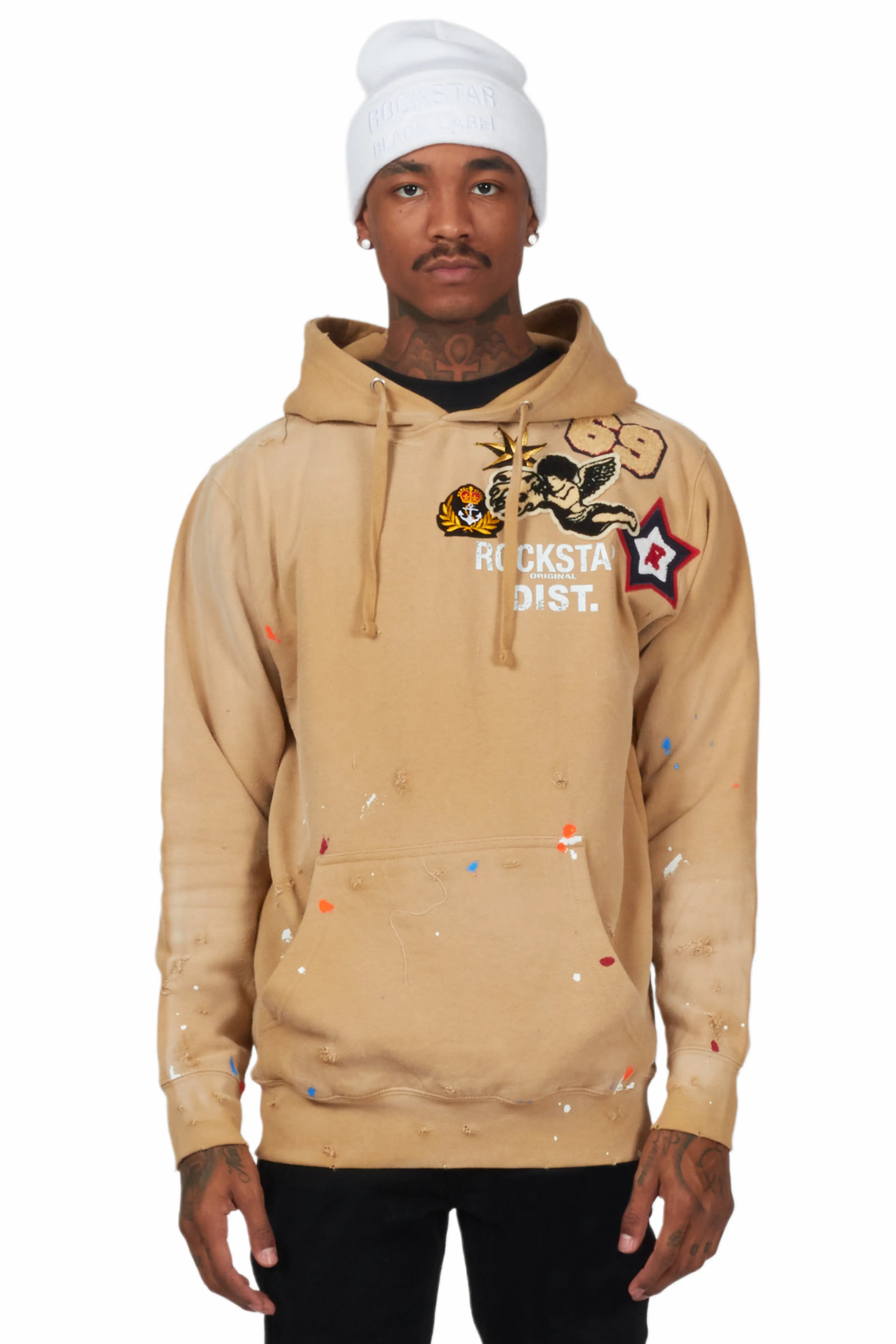 Samuel Beige Patchwork Graphic Hoodie Cool Men's Distressed