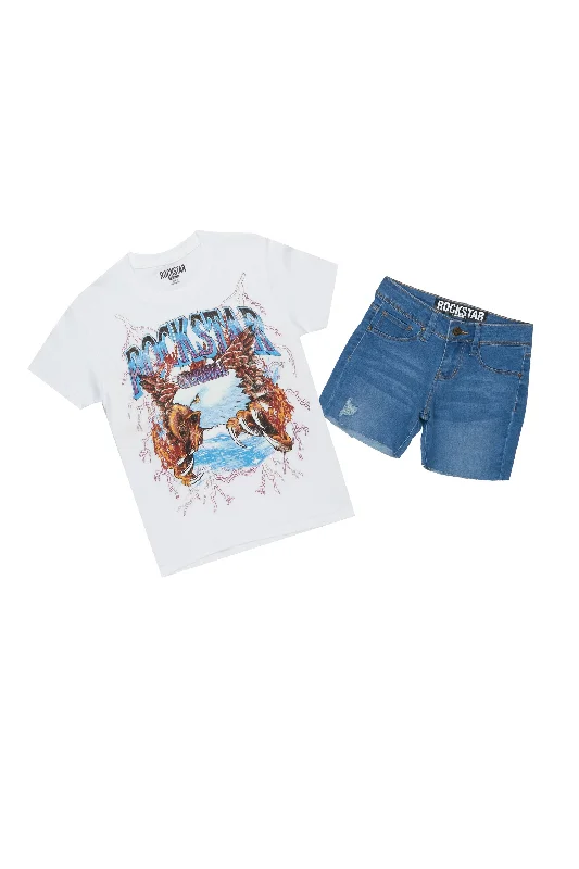 Boys Rain White/Blue T-Shirt/Denim Short Set Tough Men's Tactical