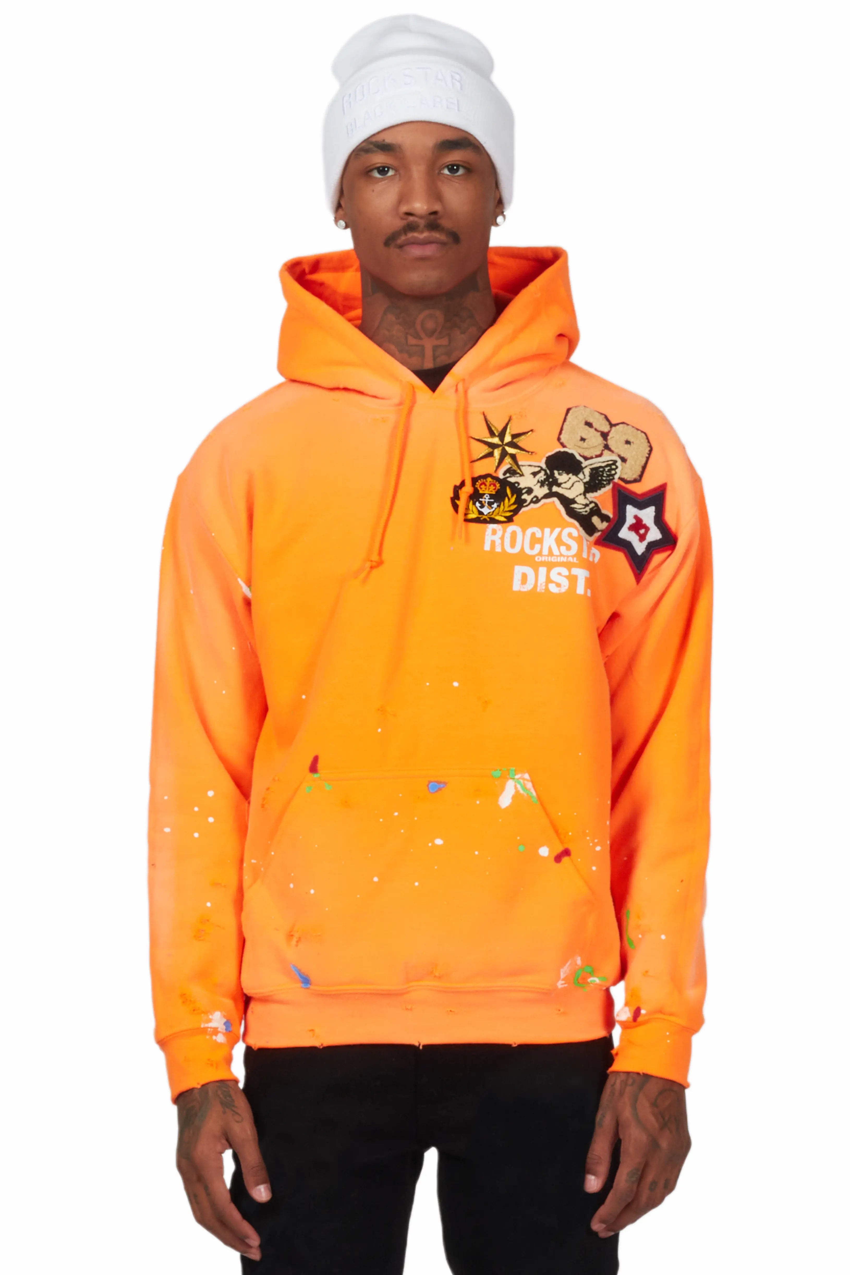 Samuel Orange Patchwork Graphic Hoodie Stylish Men's Neon