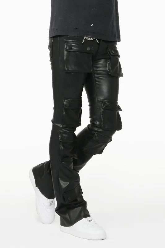 Remi Black Faux Leather Stacked Flare Jean Trendy Men's Scandinavian