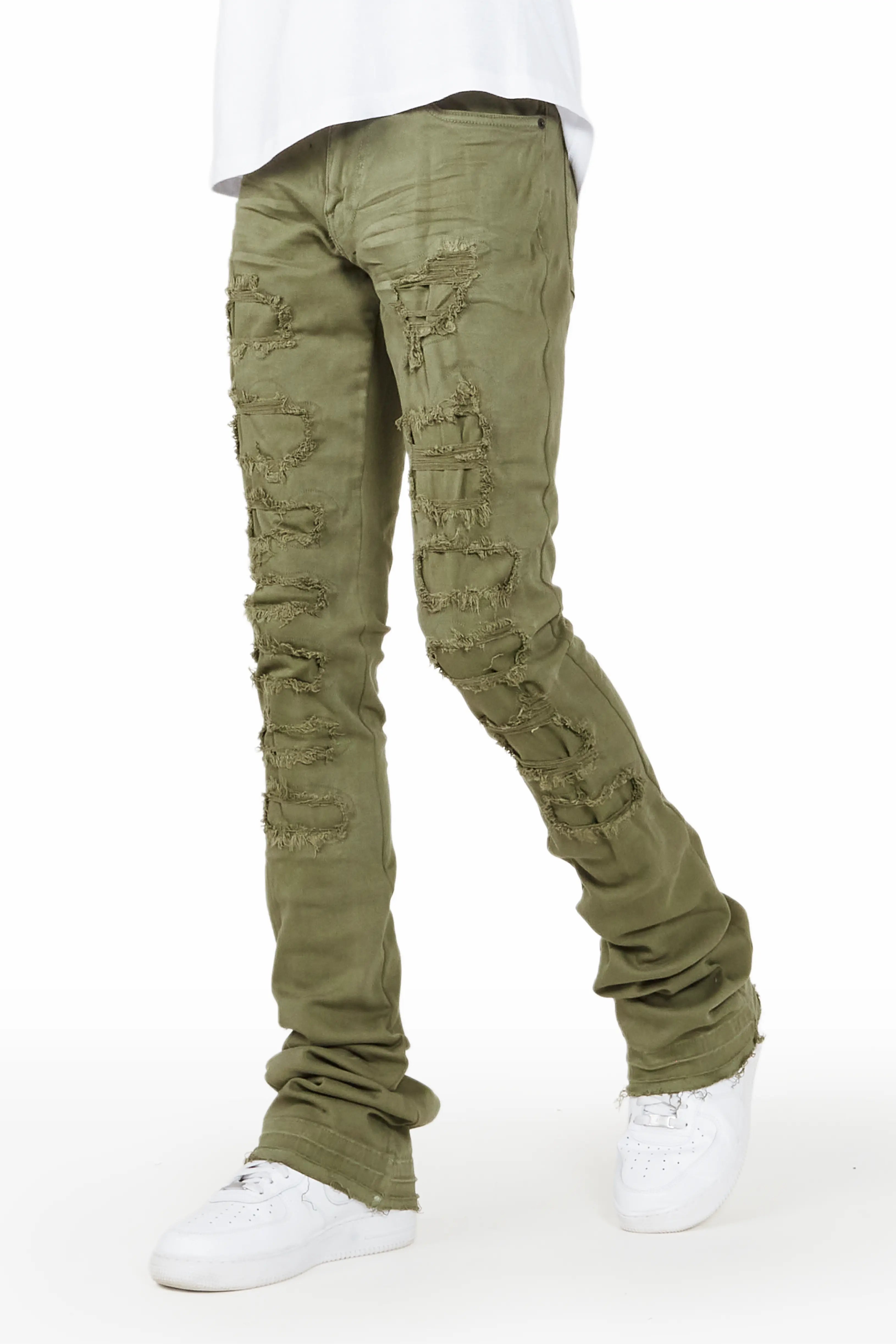 Badal Olive Super Stacked Flare Jean Minimalist Men's Casual 