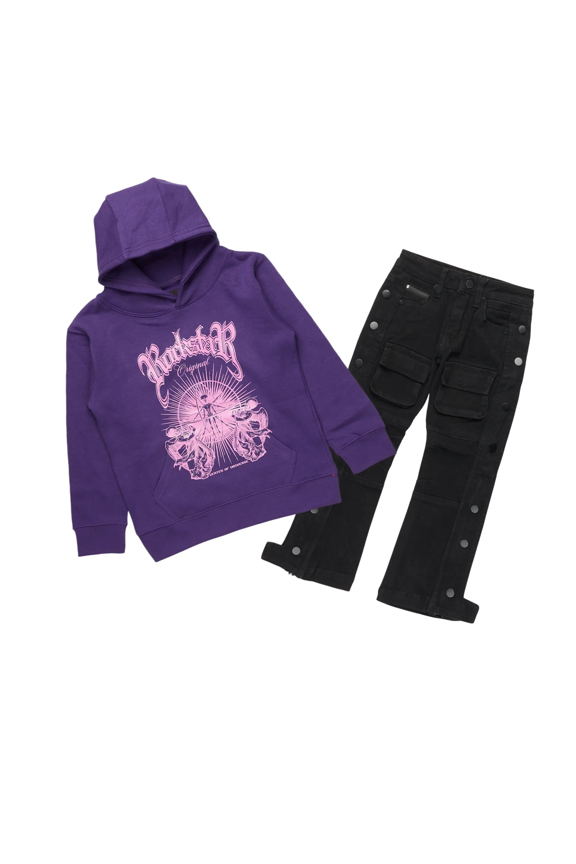 Boys Magar Purple Hoodie/Baggy Fit Jean Set Confident Men's High