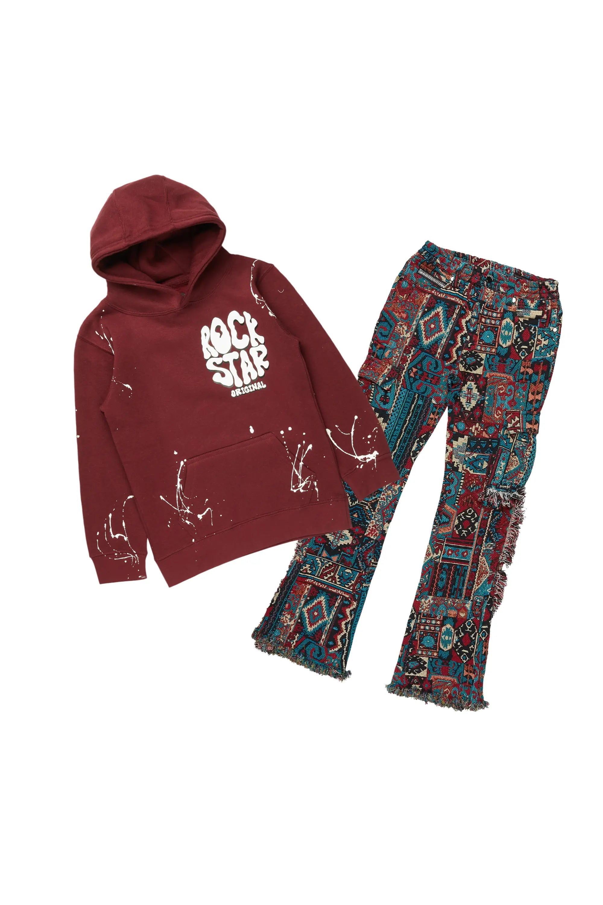 Boys Hans Maroon Hoodie/Stacked Flare Jean Set Sophisticated Men's 