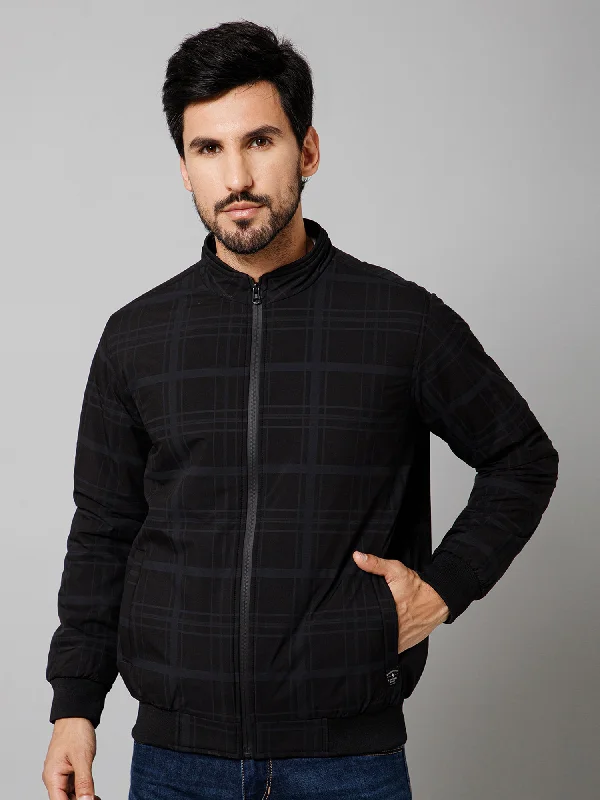 Checkered Full Sleeves Mock Collar Regular Fit Black Casual Jacket For Men