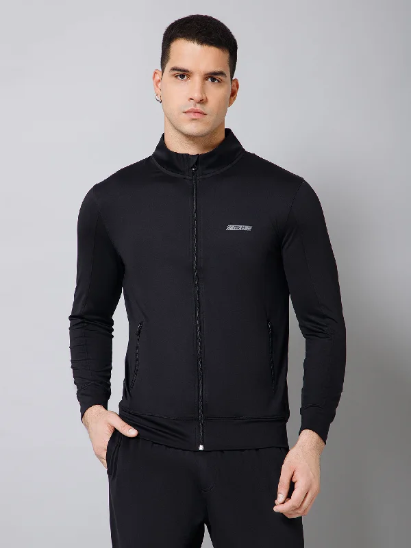 Solid Full Sleeves Mock Collar Regular Fit Full Zipper Front Men Black Active Wear Jacket