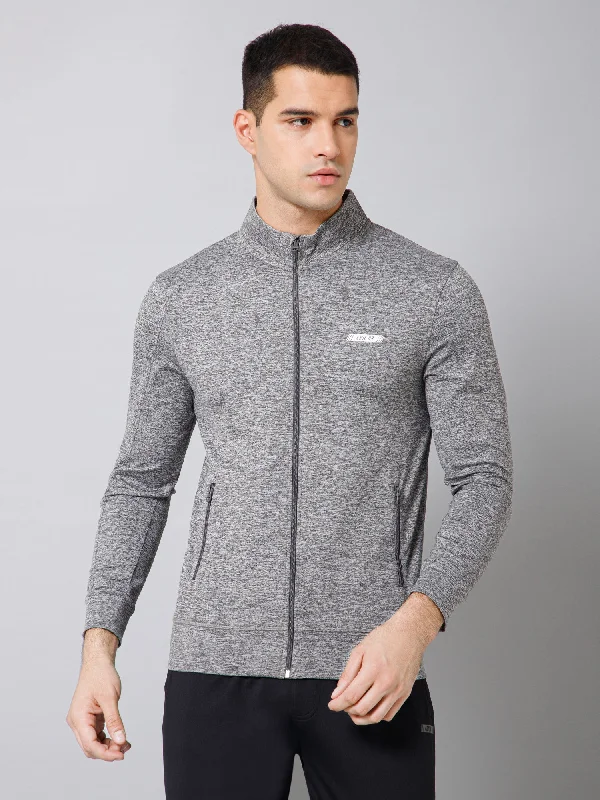 Solid Full Sleeves Mock Collar Regular Fit Full Zipper Front Men Grey Active Wear Jacket