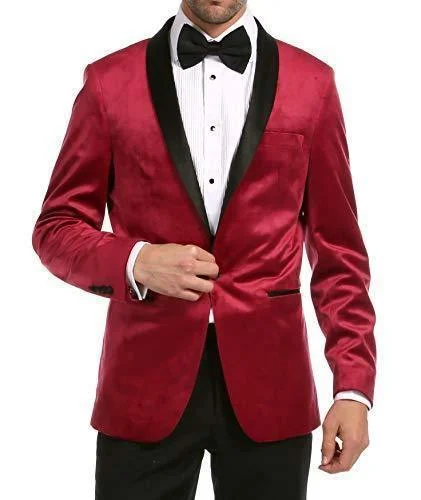 Enzo Collection-Maroon Velvet Slim Fit Shawl Lapel Tuxedo Men's Blazer