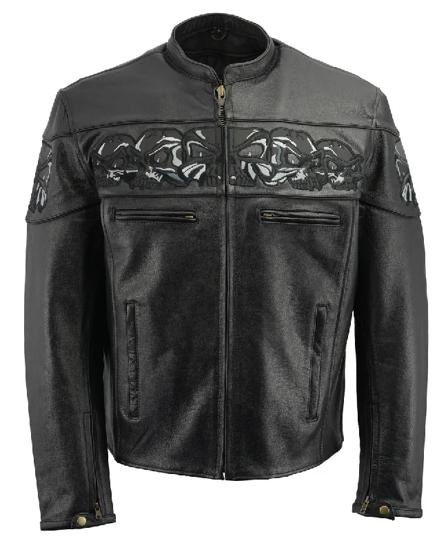 M Boss Motorcycle Apparel BOS11514 Men’s Black Reflective Skull Premium Cowhide Leather Motorcycle Jacket