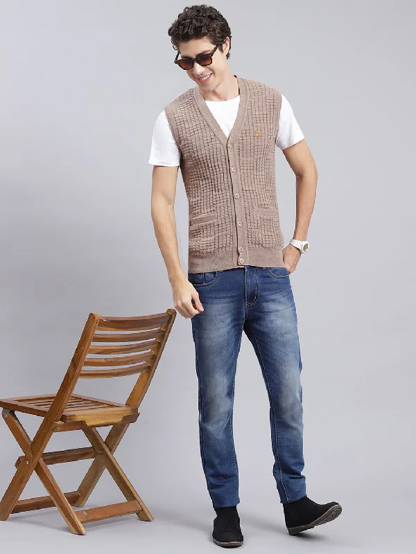 Men Beige Self Design Pure wool Cardigan