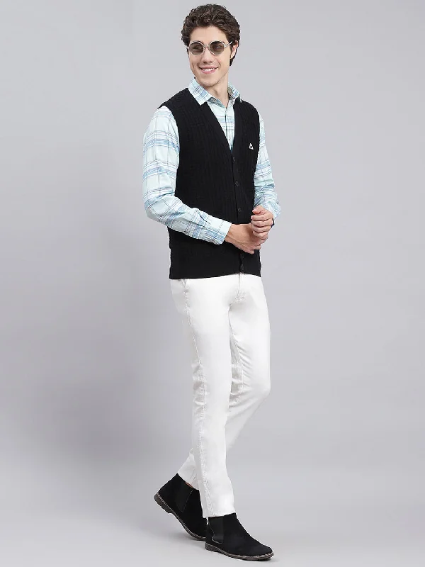 Men Black Self Design Pure wool Cardigan