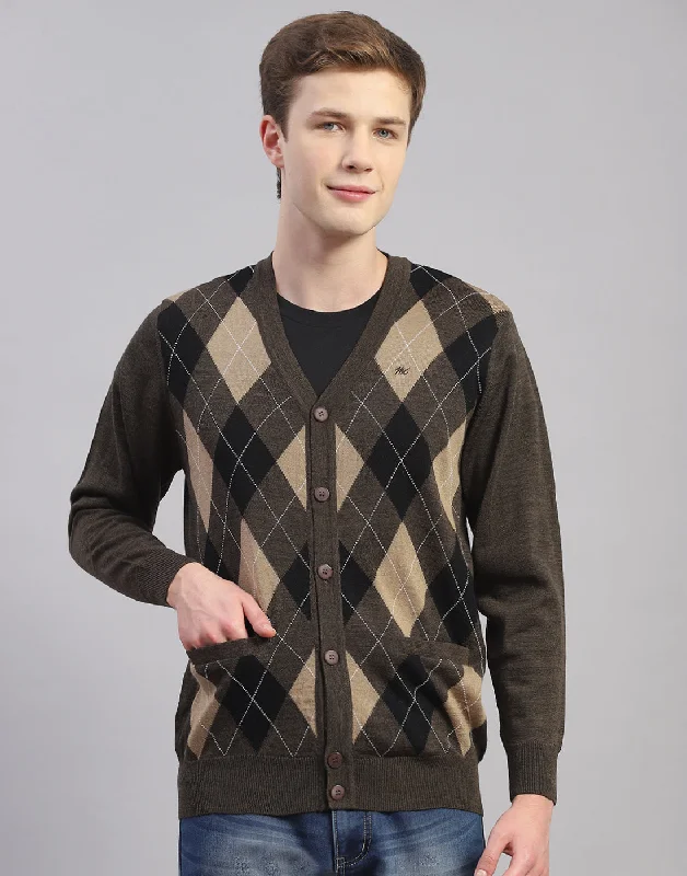 Men Brown Self Design V Neck Full Sleeve Cardigan