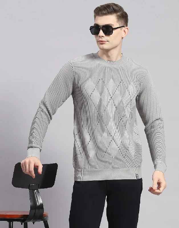 Men Grey Printed Round Neck Full Sleeve Pullover