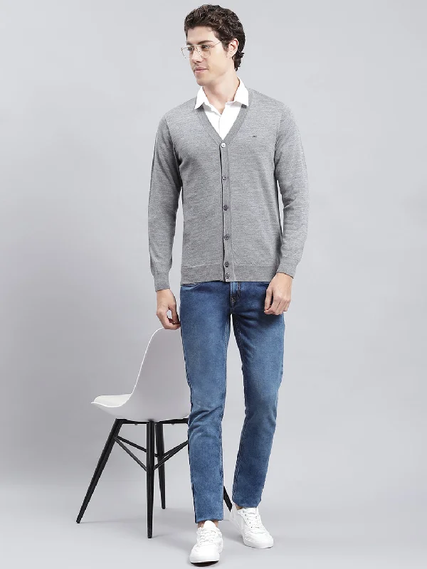 Men Grey Solid Cardigan