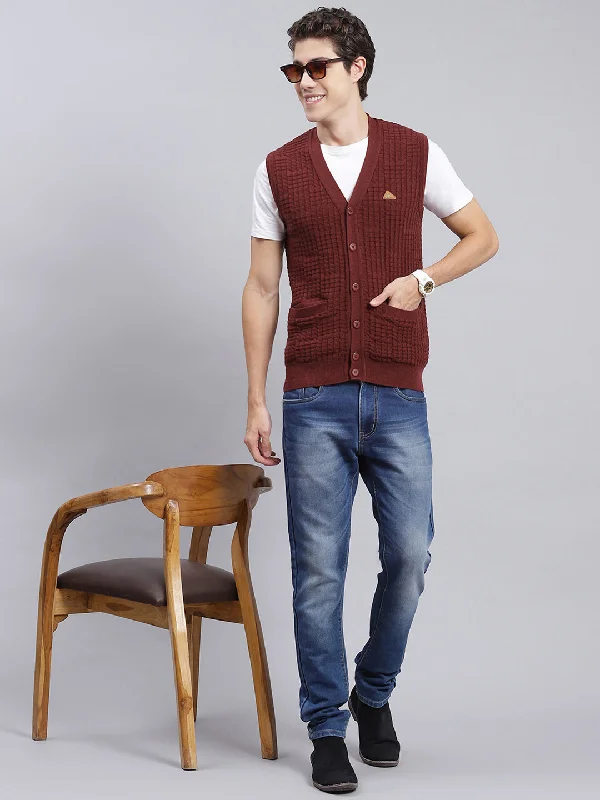 Men Maroon Self Design Pure wool Cardigan