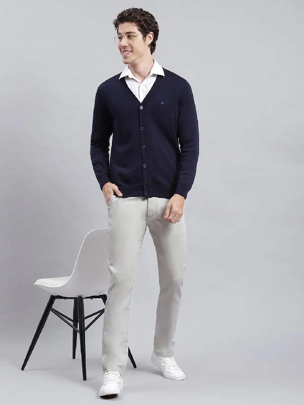 Men Navy Blue Solid Cardigan