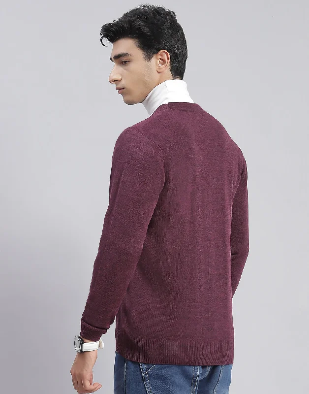 Men Purple Solid V Neck Full Sleeve Cardigan