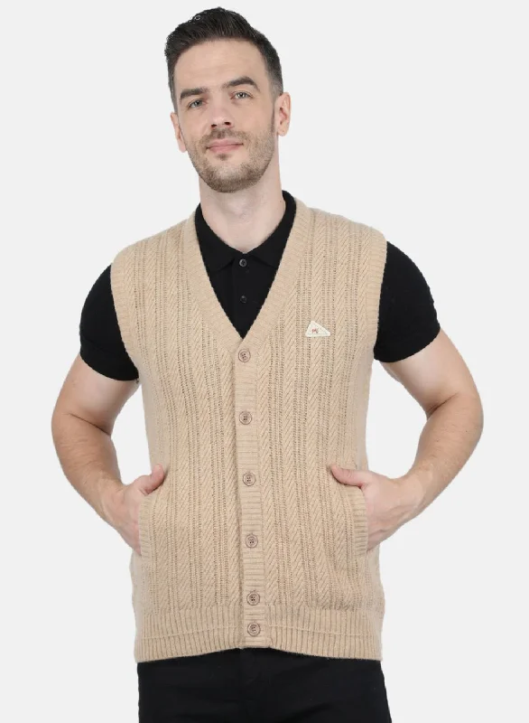 Men Beige Self Design Cardigan