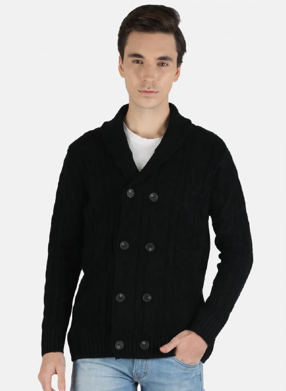 Men Black Self Design Cardigan