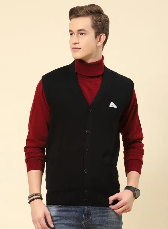 Men Black Solid Blend wool Cardigan