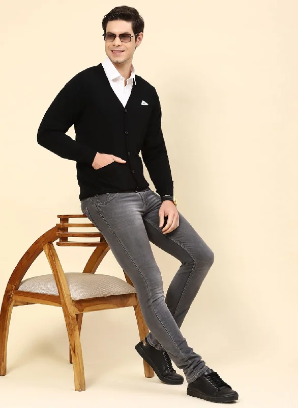 Men Black Solid Wool blend Cardigan