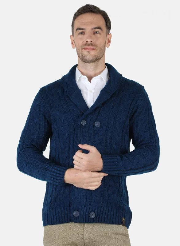 Men Blue Self Design Cardigan