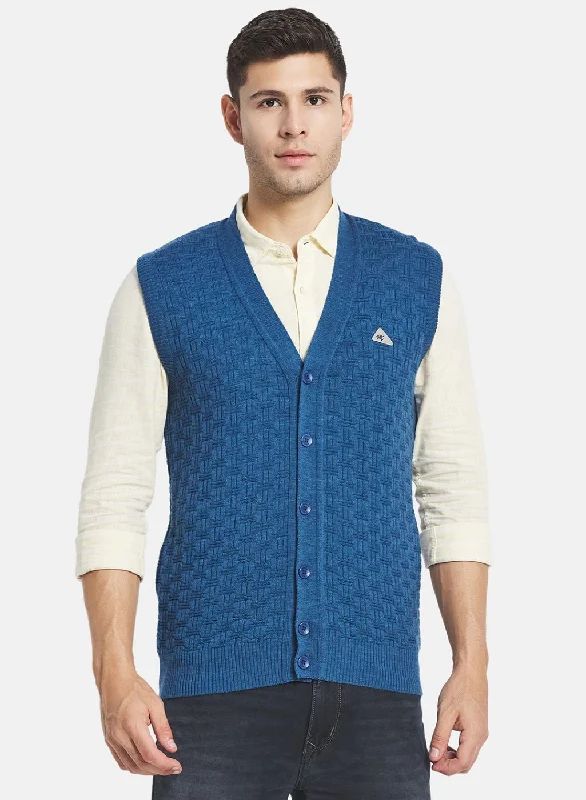 Men Blue Self Design Cardigan