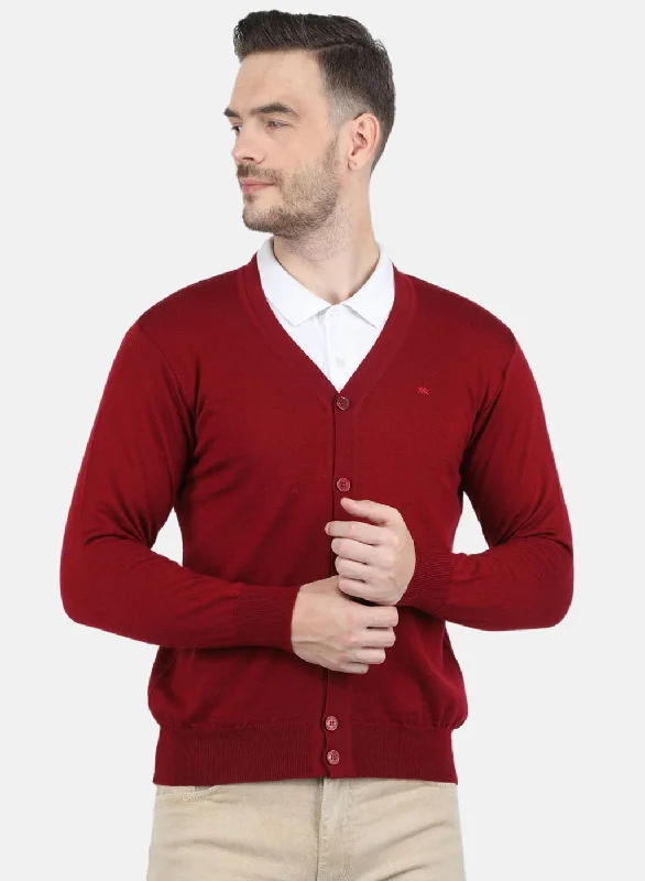 Men Maroon Solid Cardigan