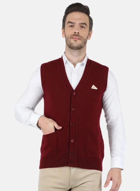 Men Maroon Solid Cardigan